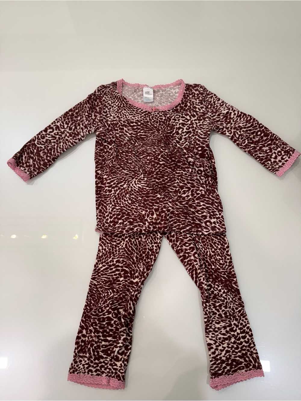 Esme girls Burgundy and Pink Leopard Pajama Set with Lace Trim capri style